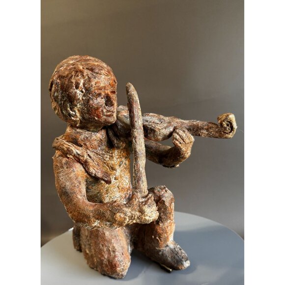 Hand Sculpted Terracotta Violinist With Snake Rustic Folk Art Figure 10 Inch - Picture 2 of 10